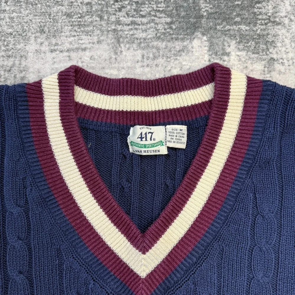VTG Van Heusen Sweater Medium Tennis Cable Knit V-Neck Ivy Preppy Red White Blue